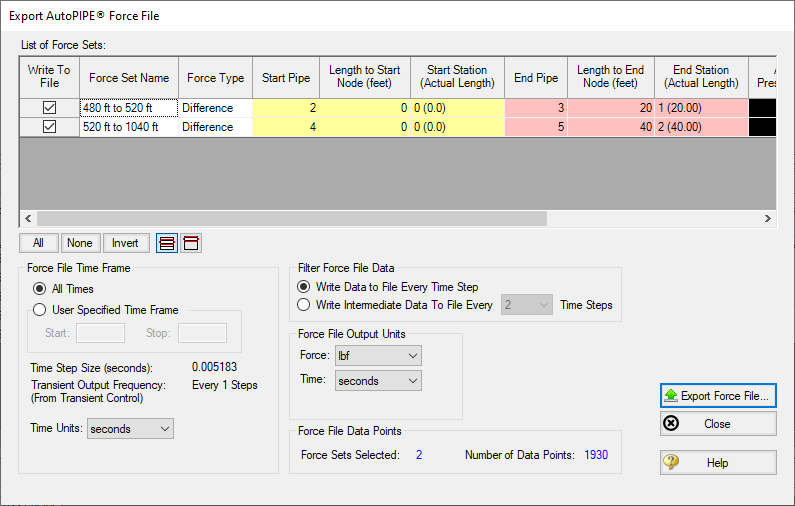 The Export Force File window is shown, specifically for AutoPipe in this case.